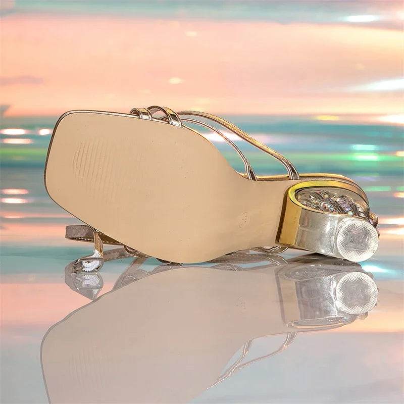 Summer Crystal Round Heels Women Sandals Square Toe Narrow Band Buckle Strap Party Gladiator Shoes - Touchy Style