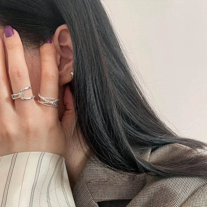 PANJBJ 925 Sterling Silver Overlapping Rings For WomenHollow out Bead Geometry Trend Design Versatile Jewelry Gift Dropshipping - Touchy Style