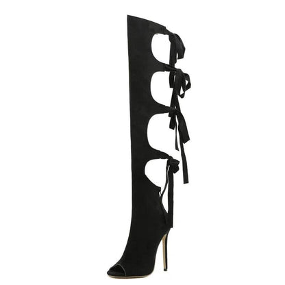 Street Style Thin High Heels Women Knee-High Boots Designer Hollow Out Zipper Shoes Party Prom Zapatos De Muje - Touchy Style