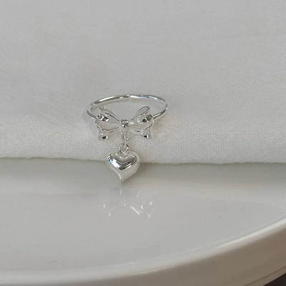 PANJBJ 925 Sterling Silver Bowknot Ring for Women Love Heart Minimalism Sweet Romantic Adjustable Jewelry Gift Dropshipping - Touchy Style