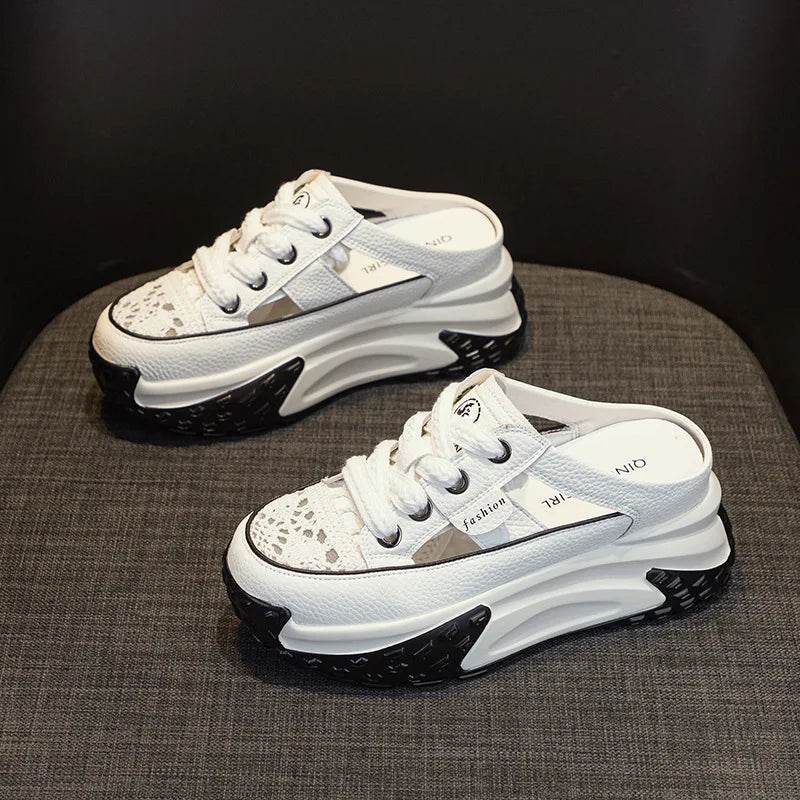 Genuine Leather Slippers Women Hollow Mules Summer Height Increasing Breathable Casual Shoes Wedges Platform Slip On Sneakers