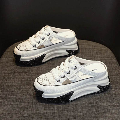 Genuine Leather Slippers Women Hollow Mules Summer Height Increasing Breathable Casual Shoes Wedges Platform Slip On Sneakers