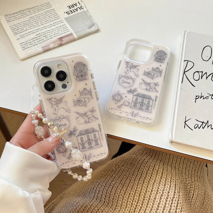 Cute Phone Cases For iPhone 16, 15, 14, 13 Pro Max - Matte Double Layer Goat &amp; House Sketch - Cover With Wrist Chain - PC5040 - Touchy Style