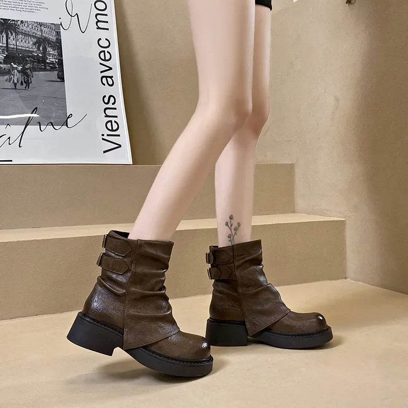 2024 Fall Fashion Boots Comfortable Mid-calf Boots Slim Leather shoes Versatile High Heel Boots socofy chaussures femmes - Touchy Style