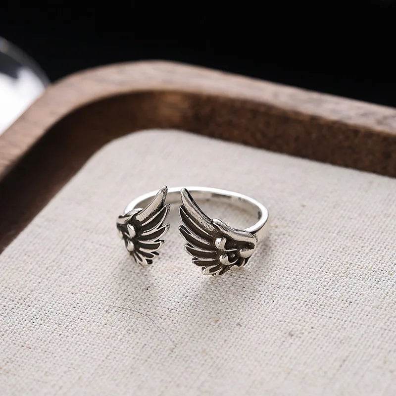 PANJBJ 925 Sterling Silver Wing Rings For Women Feather Retro Texture Hip Hop Design Jewelry Party Gift Dropshipping - Touchy Style