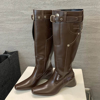 Winter Street Style Wedges Heels Knee-High Women Boots Fashion Belt Buckle Long Booties Designer Shoes Zapatos De Mujer - Touchy Style