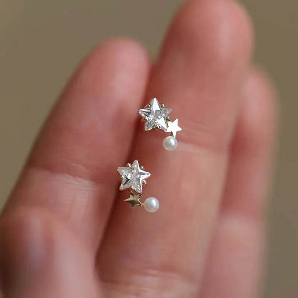 Cute Arc Size Star Zircon Pearl Stud Earrings 925 Sterling Silver 14k Gold Plated Earring for Women Temperament Simple Jewelry - Touchy Style