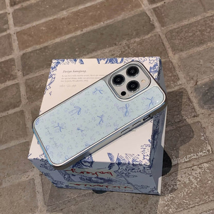 Cute Phone Cases For iPhone 16, 15, 14, 13 Pro Max - Electroplated Frame, Blue Bowknots Beads Dangle - Back Cover - PC0230 - Touchy Style