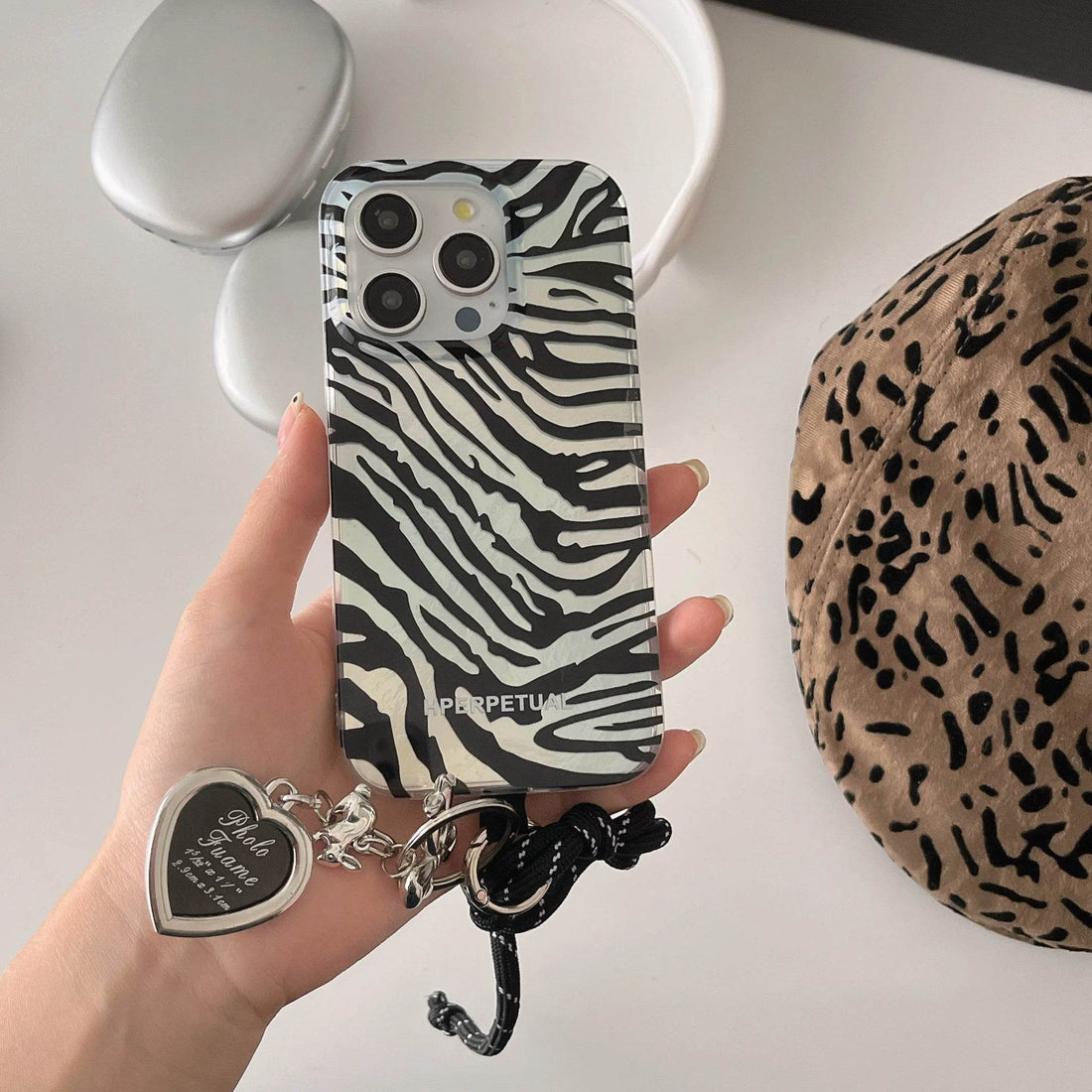 Cute Phone Cases iPhone 16, 15, 14, 13 Pro Max - Double Layers Zebra Pattern - Black Heart Wrist Chain - PC1420 - Touchy Style