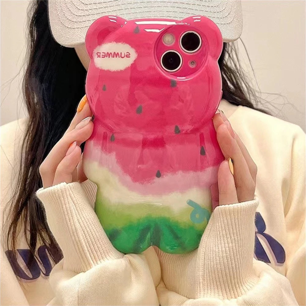 Korean cartoon 3D cute watermelon bear silicone phone case for iPhone 14 Pro Max 11 12 13 Xs Xr Xm Funny creative cartoon coverF