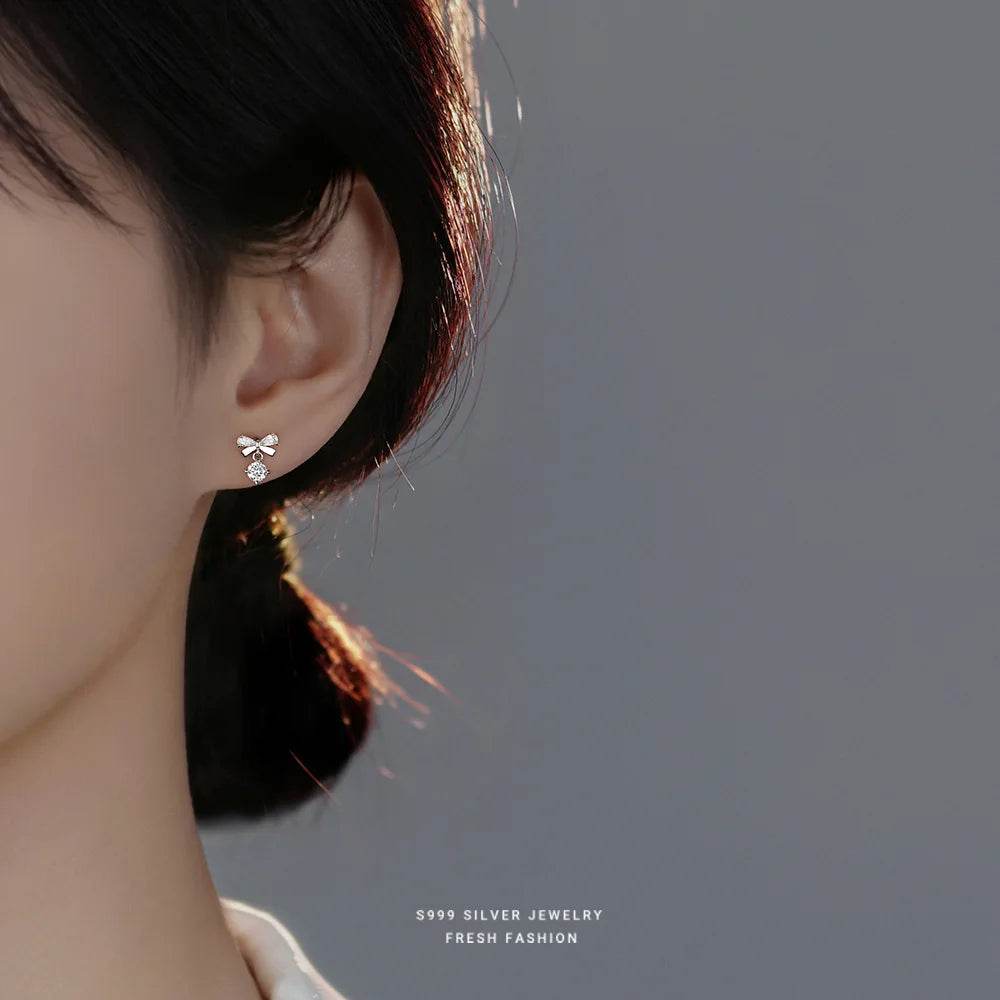 Real 925 Sterling Silver Fashion Romantic Delicate Zircon Bow Stud Earrings For Women Wedding Fine Jewelry - Touchy Style