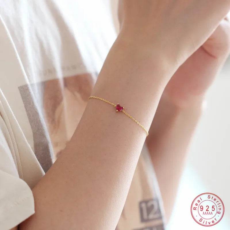 925 Sterling Silver Plated 14K Gold Red Zircon Heart Bracelet for Women Korean Simple Temperament Party Jewelry Accessories - Touchy Style