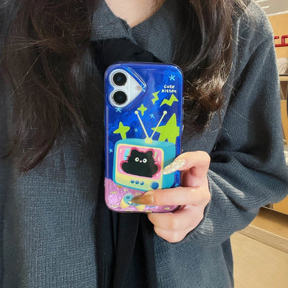 Cute Phone Cases For iPhone 16, 15, 14, 13 Pro Max - Cartoon Blue Kitten in TV - Double Layers IMD Back Cover - PC7420 - Touchy Style