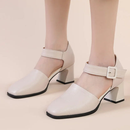 New Fashion Genuine Leather Sandals Woman High Heels Closed Toe Ladies Summer Buckle Strap Platform Shoes Women Sandals