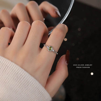 Real 925 Sterling Silver Olive Green Zircon Open Ring Cute Gift for Lady Mom Daughter Birthday Jewelry - Touchy Style