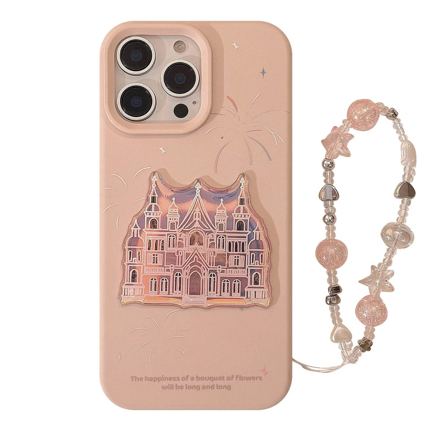 Cute Phone Cases For iPhone 16, 15, 14, 13, 12, 11 Pro Max - Pink Castle, Laser Art with Sweet Bracelet Pendant - IC1050 - Touchy Style