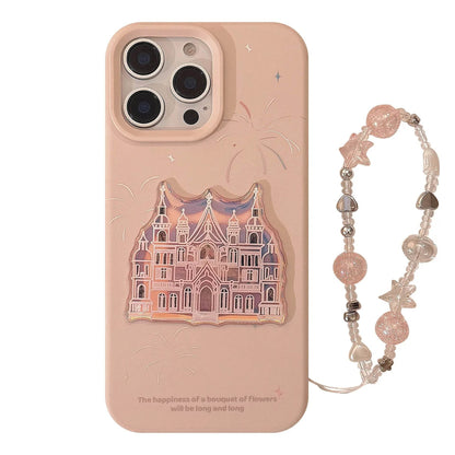 Cute Phone Cases For iPhone 16, 15, 14, 13, 12, 11 Pro Max - Pink Castle, Laser Art with Sweet Bracelet Pendant - IC1050 - Touchy Style