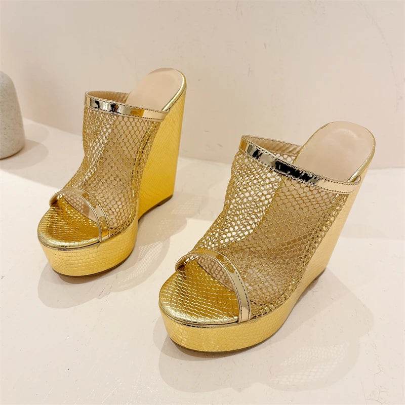Eilyken Street Style Gold Silver Fashion Open Toe Platform Wedges Women Slippers Design Mesh Fabric Banquet High Heels Shoes - Touchy Style