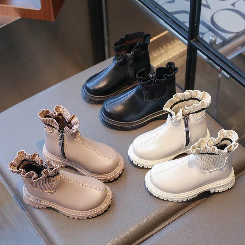 Knitted Ruffled Bordered Girl Short Boots 2024 Spring Autumn Platform Boots for Kids Girls Princess Wedding Party Shoes H07204 - Touchy Style