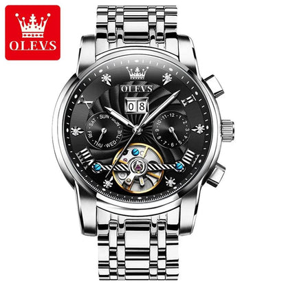 OLEVS Mens Watch Automatic Mechanical Tourbillon Slef-Wind Luxury Stainless Steel Strap Waterproof Luminous Date Wrist Watch - Touchy Style