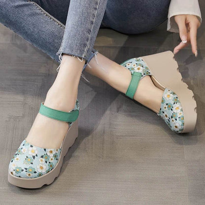 Women Sandals Genuine Leather New Summer Women Shoes hook &amp; loop Retro Wedges Casual Print Platform Ladies Sandals
