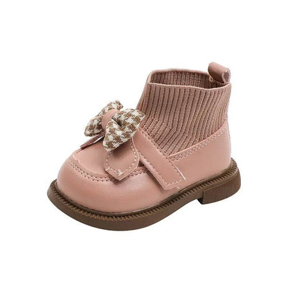 High Top Baby Girl Kintted Sock Shoes Houndstooth Buttefly-knot Toddler Boots for Kids Girls Elegant Newborn Autumn Shoes G09273 - Touchy Style