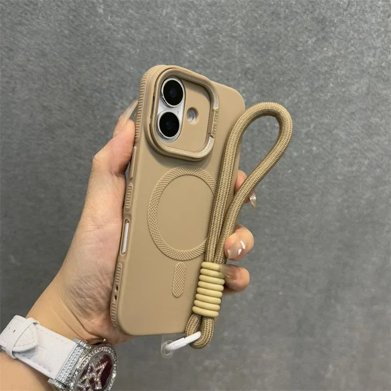 Luxury Camera Lens Stand Holder For Magsafe Case for iPhone 16 15 14 Plus 13 12 Pro Max 11 Matte Soft Lanyard Strap Band Cover