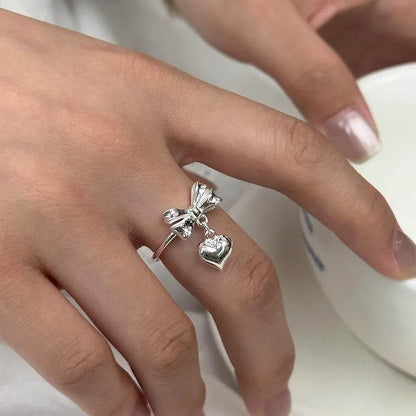 PANJBJ 925 Sterling Silver Bowknot Ring for Women Love Heart Minimalism Sweet Romantic Adjustable Jewelry Gift Dropshipping - Touchy Style