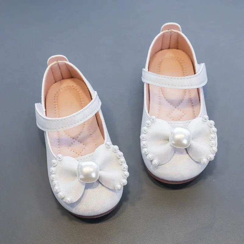 Solid Color Bow Simple Casual Pearl Cute Baby Girl Flats New 2024 Hook &amp; Loop Little Princess Soft Mary Jane Fashion Kids Shoes - Touchy Style