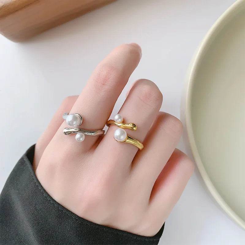 PANJBJ 925 Sterling Silver Imitation Pearl Ring for Women Irregular Branch Overlapping Versatile Sweet Jewelry Gift Dropshipping - Touchy Style