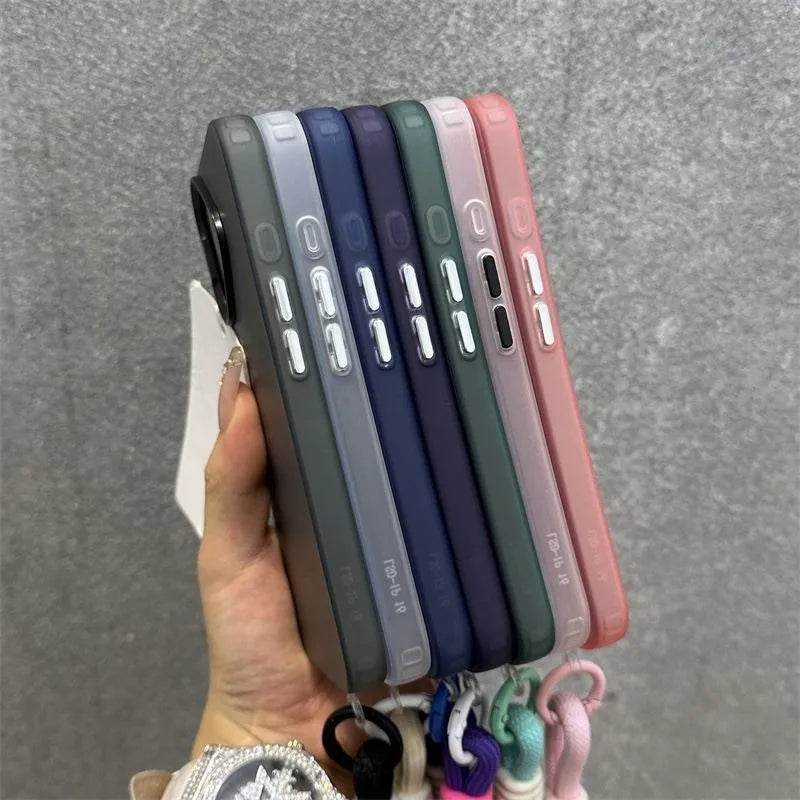 16e Silver IMD Metallic Aurora Matte Case For Phone 16 15 14 Pro Max 13 12 mini 11 16E Wristband Lanyard Slim Shockproof Cover - Touchy Style