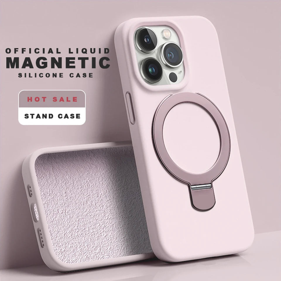 Liduid Silicone Magnetic Stand Phone Case For iPhone 15 14 16 Plus 11 12 13 16 Pro Max Magsafe Charge Protector Soft Cover