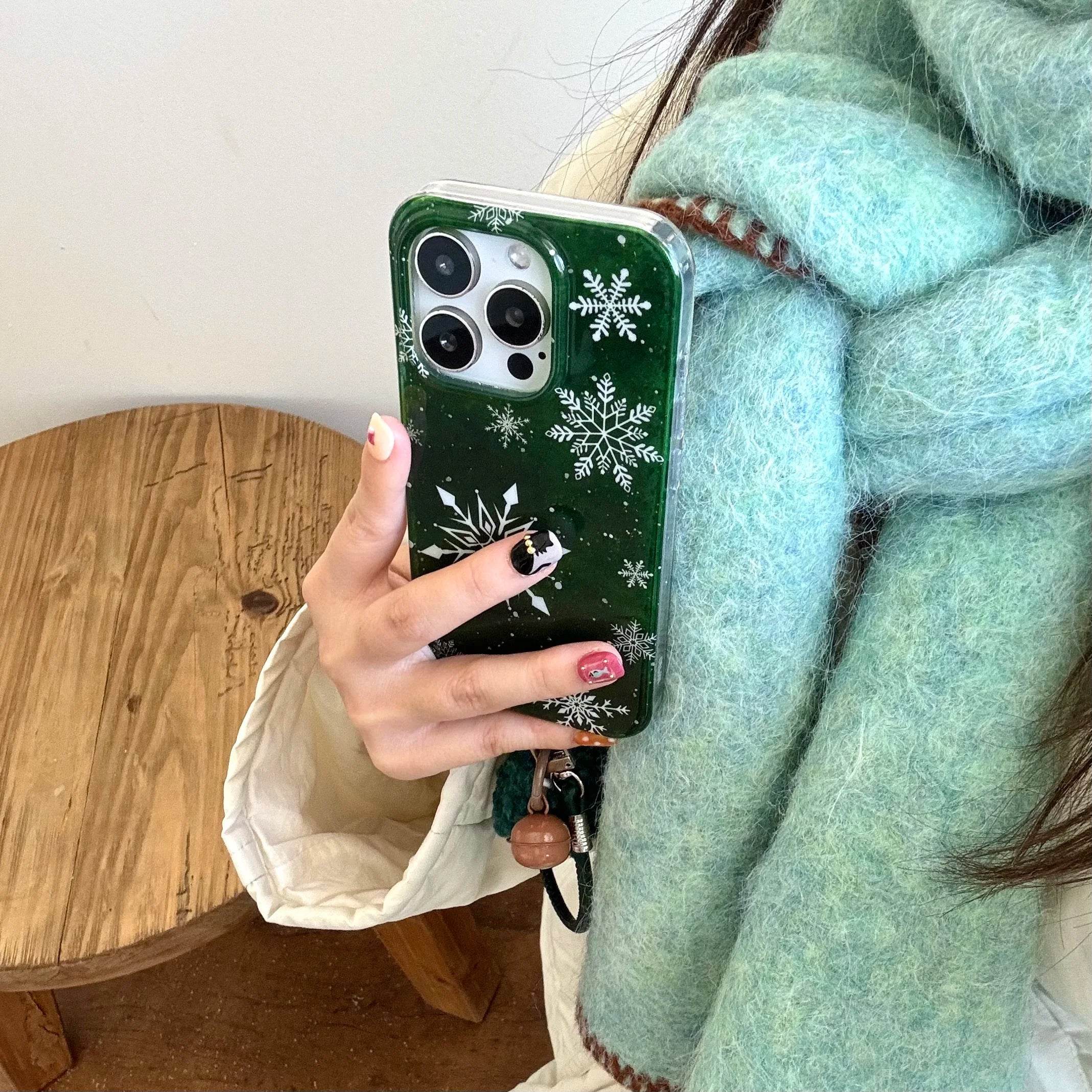 Cute Phone Cases For iPhone 16, 15, 14, 13 Pro Max - Vintage Glittering Green Snowflakes - Fluffy Dangle Chic Back Cover - PC9430 - Touchy Style