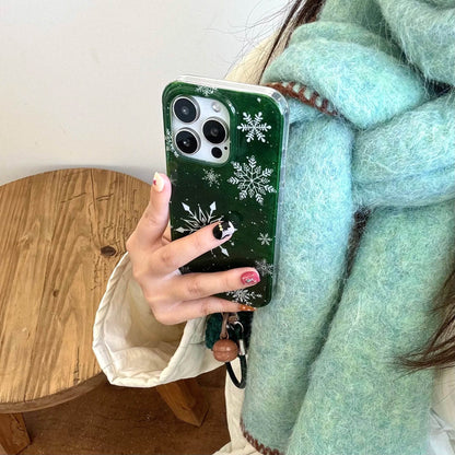 Cute Phone Cases For iPhone 16, 15, 14, 13 Pro Max - Vintage Glittering Green Snowflakes - Fluffy Dangle Chic Back Cover - PC9430 - Touchy Style