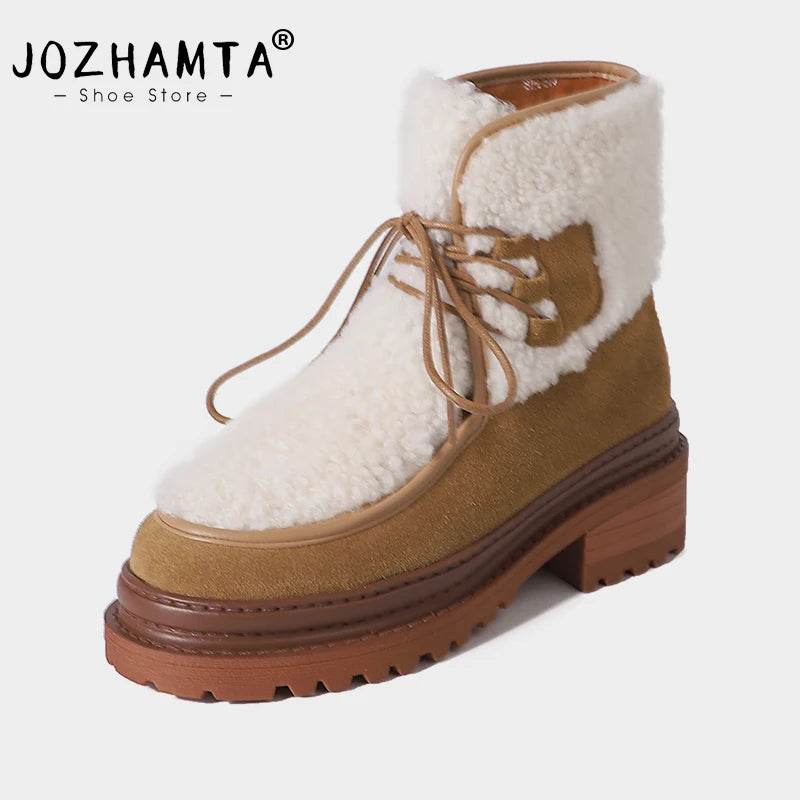 JOZHAMTA Size 34-40 Women Mid-Calf Boots Fashion Warm Plush British Booties High Snow Boots Female Thick Wool Soles Heels Boots - Touchy Style