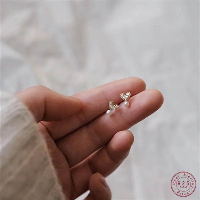 925 Sterling Silver 14k Gold Plated Stud Earrings Mock Pearl Zircon Heart Earrings for Women Elegant Temperament Jewelry - Touchy Style