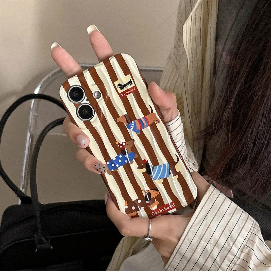 Cute Phone Cases For iPhone 16, 15, 14, 13, 12 Pro Max - Cartoon Dachshund Dog - Stripes 3D Wavy Soft Cover - PC5520 - Touchy Style