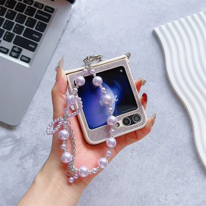 حافظات هواتف أنيقة لهاتف Galaxy Z Flip 5 3 4 - غطاء فاخر مرصع بأحجار الراين واللؤلؤ اللامع مع سلسلة معصم - C5220
