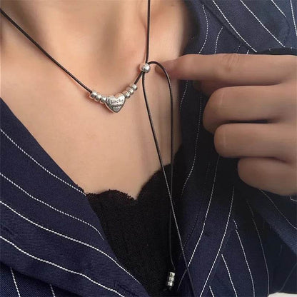 PANJBJ 925 Sterling Silver Love Heart Necklace for Women Girl Letter Bead Oil Wax Rope Trend Punk Adjustable Gift Dropshipping - Touchy Style