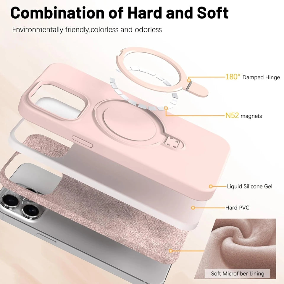 Liduid Silicone Magnetic Stand Phone Case For iPhone 15 14 16 Plus 11 12 13 16 Pro Max Magsafe Charge Protector Soft Cover