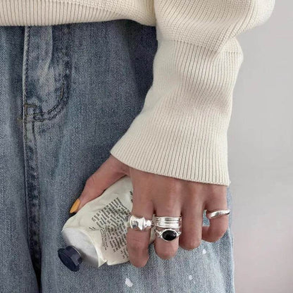PANJBJ 925 Sterling Silver Black Agate Rings For Women Wide Irregular Geometry Versatile Texture Jewelry Party Gift Dropshipping - Touchy Style