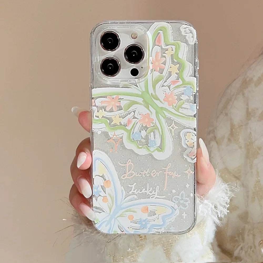 Cute Phone Cases For iPhone 16, 15, 14, 13, 12 Pro Max, 15, 14 Plus - Fairy Glitter Green Butterfly - Transparent Cover - IC1420 - Touchy Style