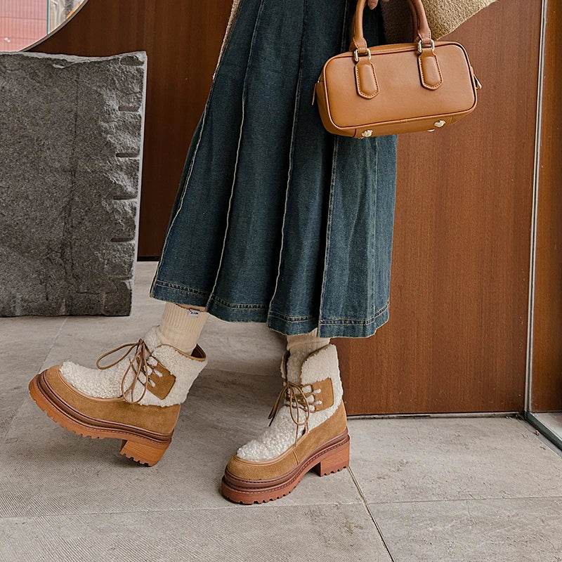 JOZHAMTA Size 34-40 Women Mid-Calf Boots Fashion Warm Plush British Booties High Snow Boots Female Thick Wool Soles Heels Boots - Touchy Style