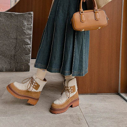 JOZHAMTA Size 34-40 Women Mid-Calf Boots Fashion Warm Plush British Booties High Snow Boots Female Thick Wool Soles Heels Boots - Touchy Style