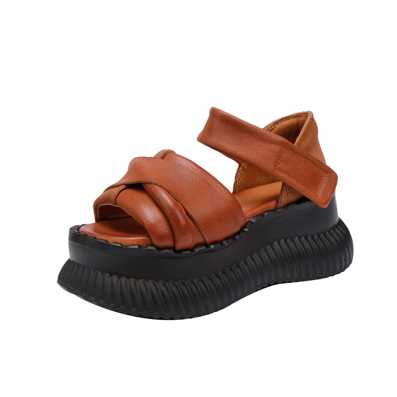 Summer New Thick Sole Peep Toe Platform Sandals Genuine Leather Vintage Comfortable Women&