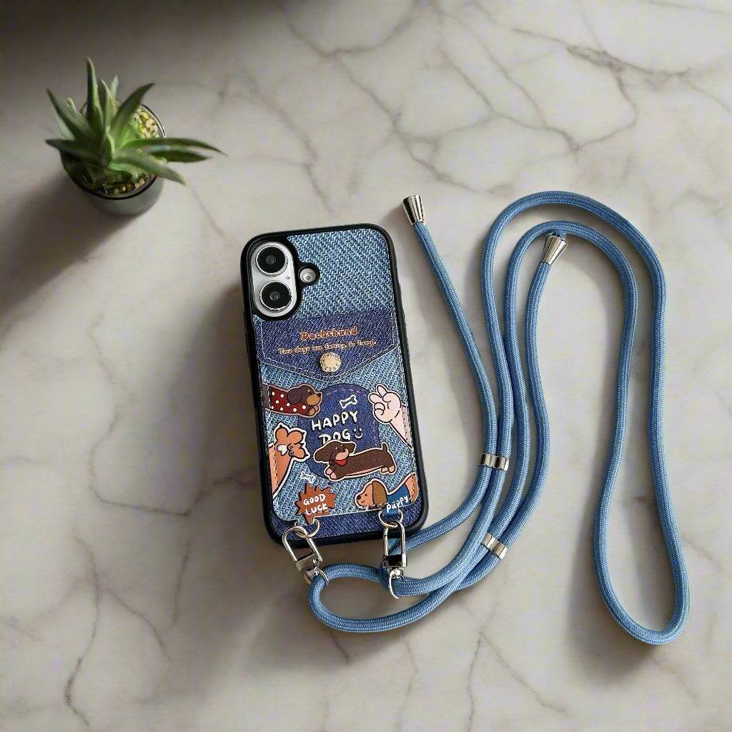 Cute Phone Cases For iPhone 16, 15, 14, 13 Pro Max - Denim Cloth Embroidery Cartoon Dog - PC5320 - Touchy Style