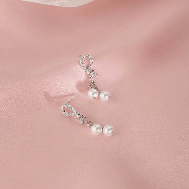 925 Sterling Silver Earring Charm Jewelry - Pearl Tassels Chain Sweet Bow - E6420 - Touchy Style