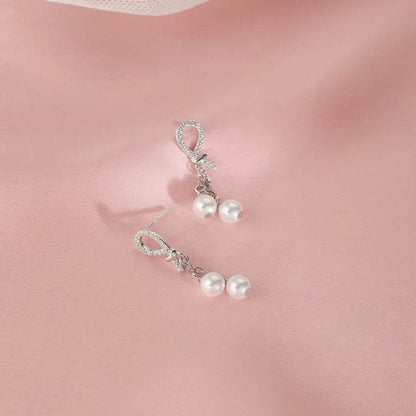 925 Sterling Silver Earring Charm Jewelry - Pearl Tassels Chain Sweet Bow - E6420 - Touchy Style