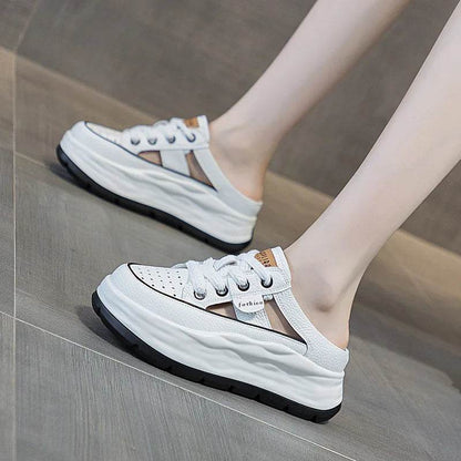 Genuine Leather Slippers Women Hollow Mules Summer Height Increasing Breathable Casual Shoes Wedges Platform Lace-up Sneakers - Touchy Style