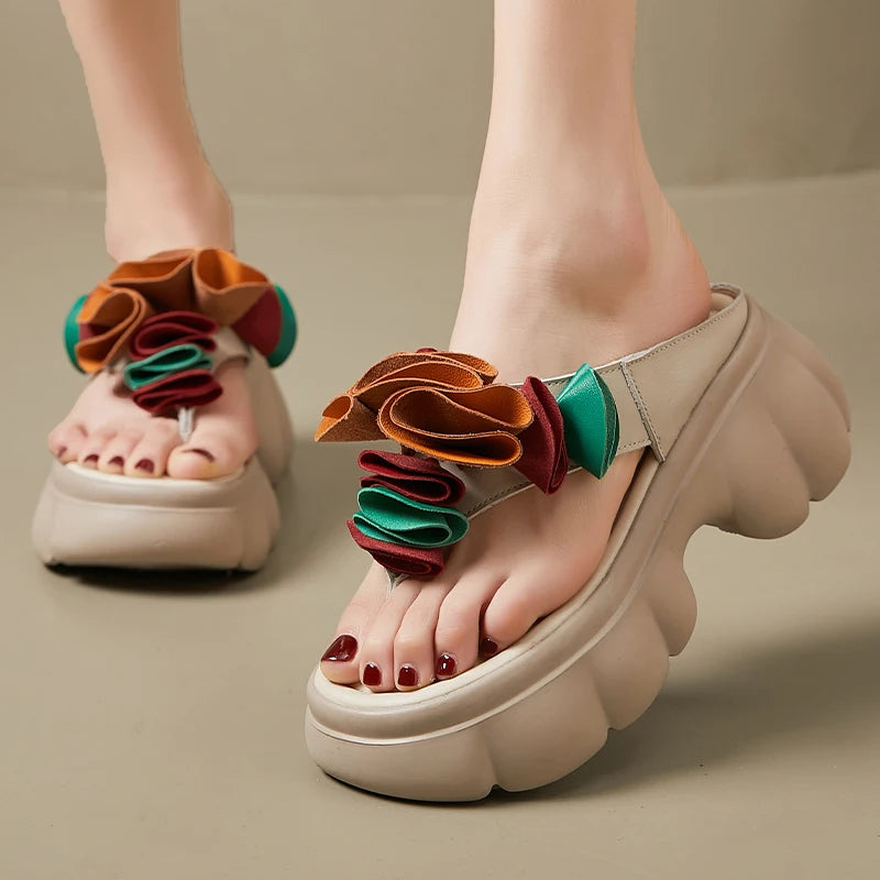 Genuine Leather Sandals Floral Women Slippers Summer Shoes Platform Outside Slides Thick Soles Leisure Ladies Slippers